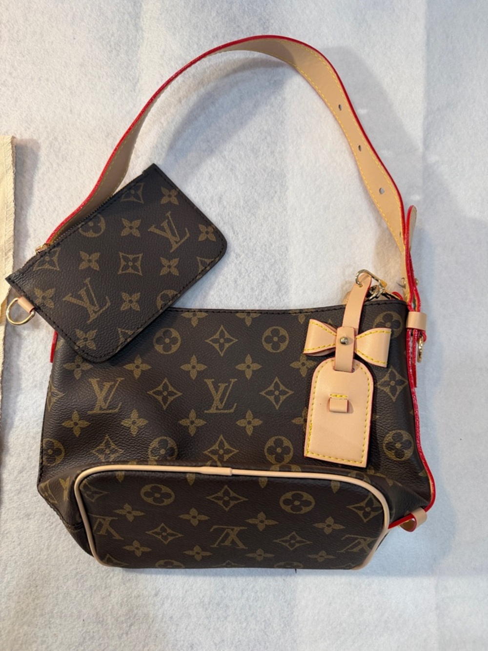 Lv  Brown Monogram Canvas with Red Trim and Beige Tag - Picture 3 of 6